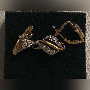 Vintage Russian European 18k Yellow Gold Natural Diamond Ring and Earrings